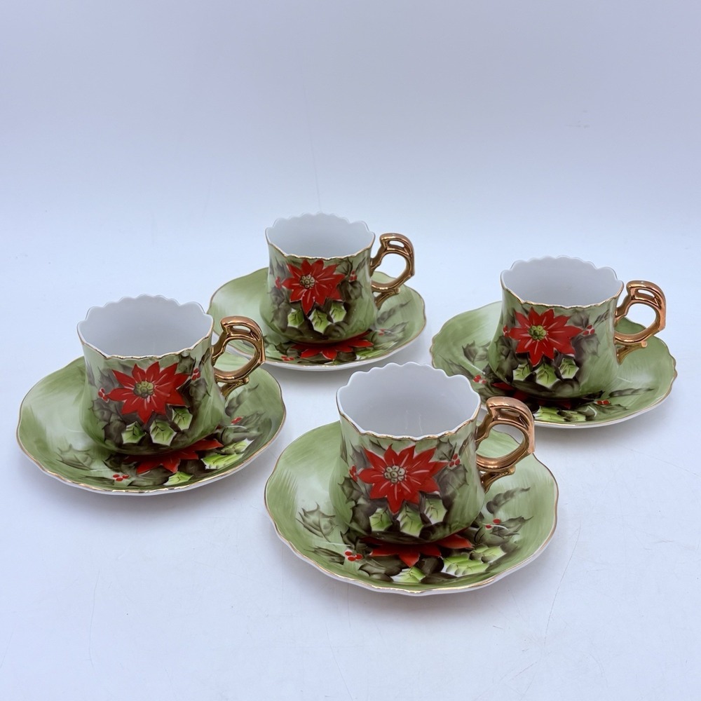 VTG Set of 4 Lefton China Poinsettia‎ Cup and Saucers Hand Painted Japan 1950s